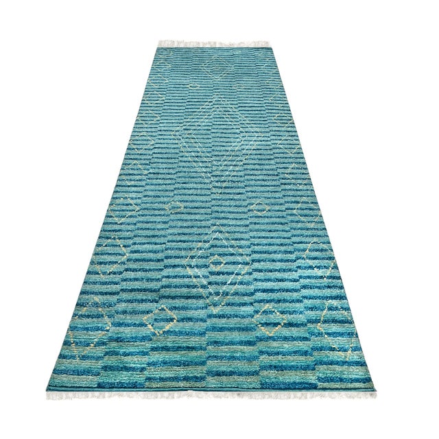 2020s 4x12 Exquisite Moroccan Green Geometric Modern Hand Knotted Wool Carpet Rug For Sale - Image 5 of 6