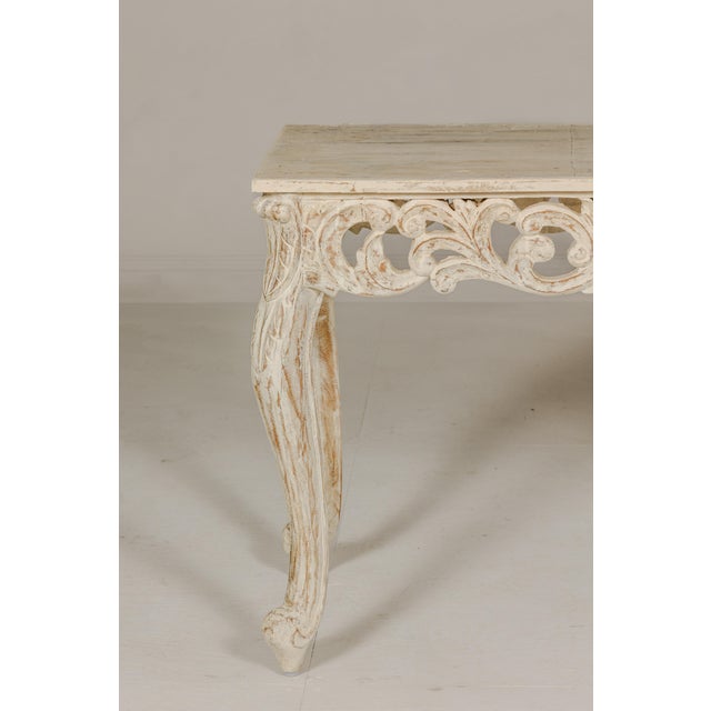 Cream Rococo Style Painted Console Table with Carved Apron and Distressed Finish For Sale - Image 8 of 12