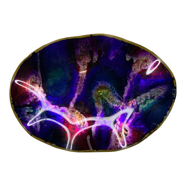 Vintage Mid 20th Century Seetusee Glassware by Mayfair Ruffled Art Glass Blue and Purple Foil Art For Sale