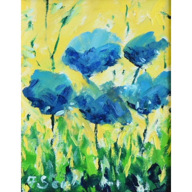 Blue poppies floral flowers landscape oil painting on stretched canvas displayed in a new gold leaf frame. Illegible...
