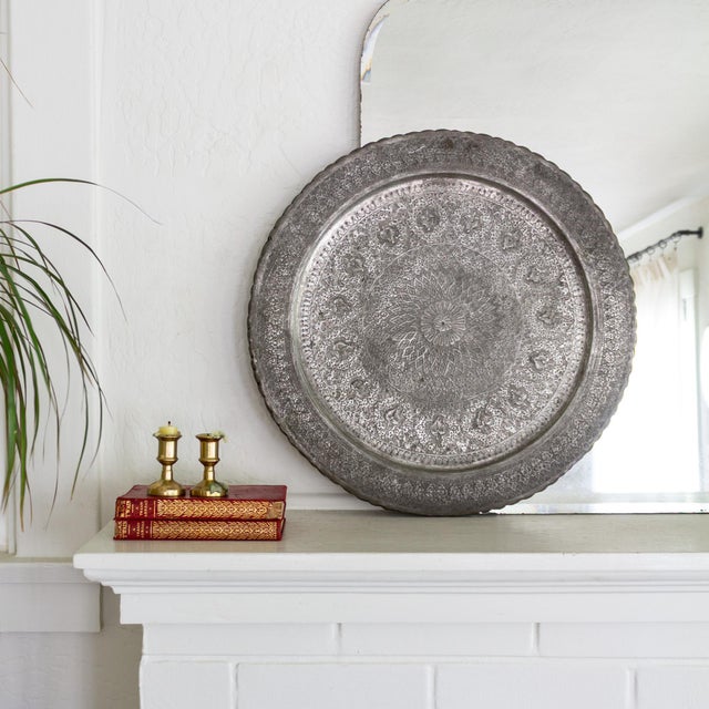 Tin on Copper Hand Engraved Round Ghalamzani Persian Tray For Sale - Image 6 of 11