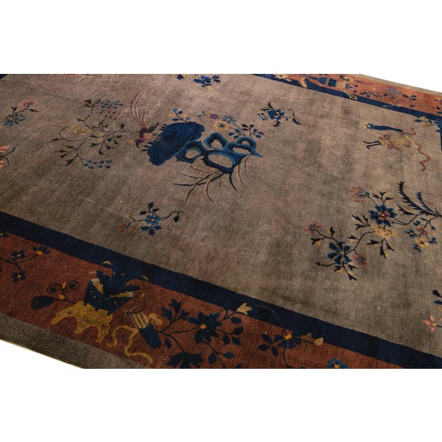 1920s Art Deco Handmade Floral Chinese Motif Wool Rug For Sale - Image 5 of 10