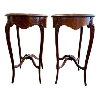 Late 20th Century Carved Round Walnut Side Tables With Marble Top For Sale