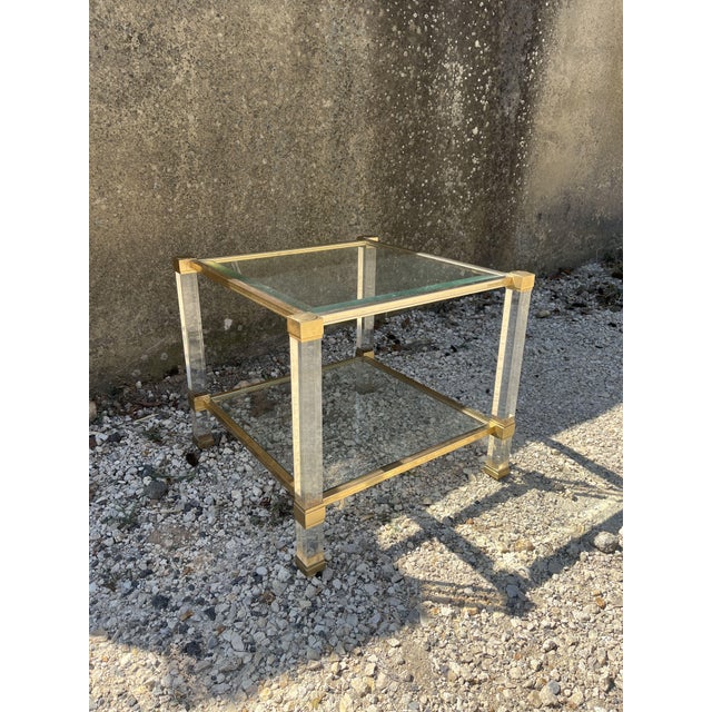 Hollywood Regency Vintage French Side Table in Brass and Glass Structure by Pierre Vandel, 1970s For Sale - Image 3 of 11