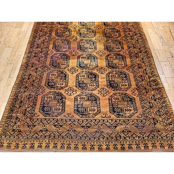 Vintage Afghan Ersari Rug, Hand-Knotted Wool, Allover Geometric Design, Camelhair & Navy, 9’ X 13’ For Sale - Image 9 of 12