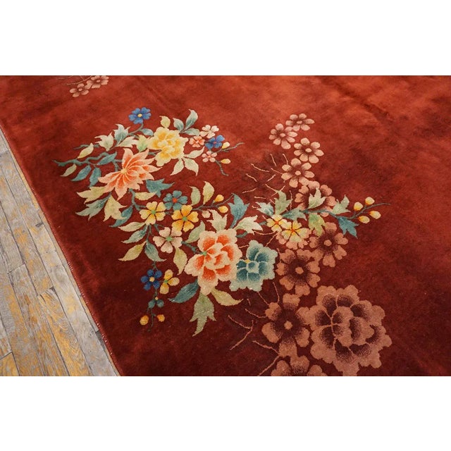 1930s Red Modernist Flowers Antique Chinese Art Deco Carpet 8'10'' X 11'4'' Knotted Wool Rug For Sale - Image 12 of 12