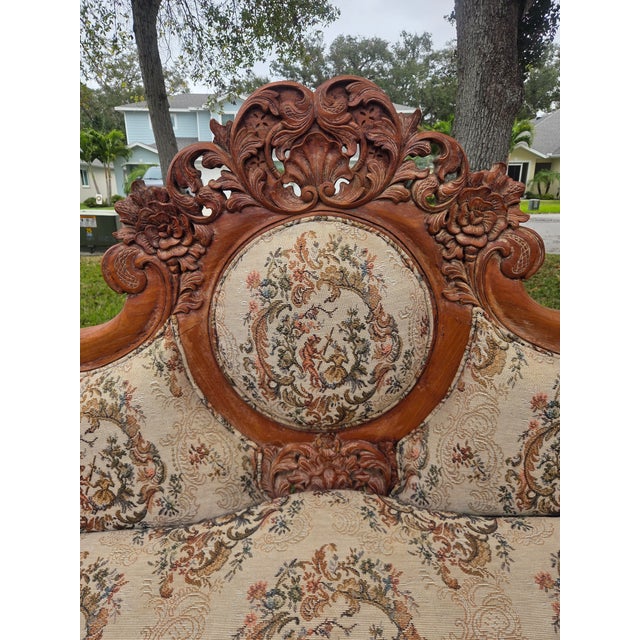 Victorian Mid 20th Century Louis XV Rococo Revival Carved Walnut Settee W/ Jacquard Upholstery For Sale - Image 3 of 9