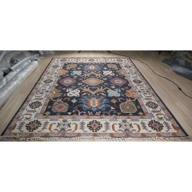 Contemporary 8x10 Blue Hand-Knotted Wool Floral Medallion Border Traditional Carpet Rug For Sale - Image 3 of 7