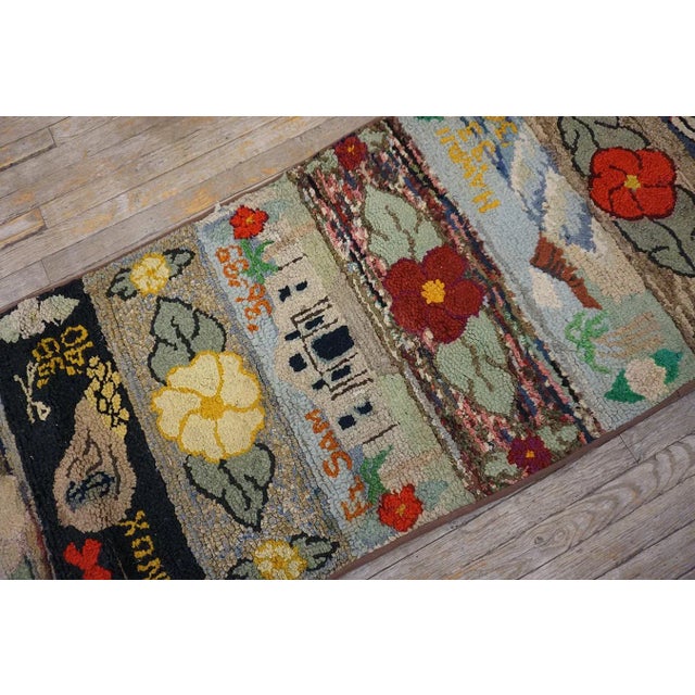 Textile 1940s Multicolor Pictorial Floral Folk Art Antique American Hooked Rug 2' 6''x12' 2'' Wool Runner Carpet For Sale - Image 7 of 11