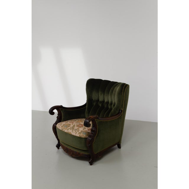 Danish Carved Lounge Chair in Green Velvet, 1920s For Sale - Image 3 of 18