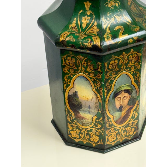 Green Savage London Victorian Hand Painted Tole Tea Canister No. 2, 19th Century For Sale - Image 8 of 12