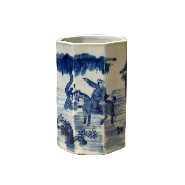Asian 4" Small Octagonal Blue White Scenery Graphic Porcelain Art Vase For Sale - Image 3 of 16