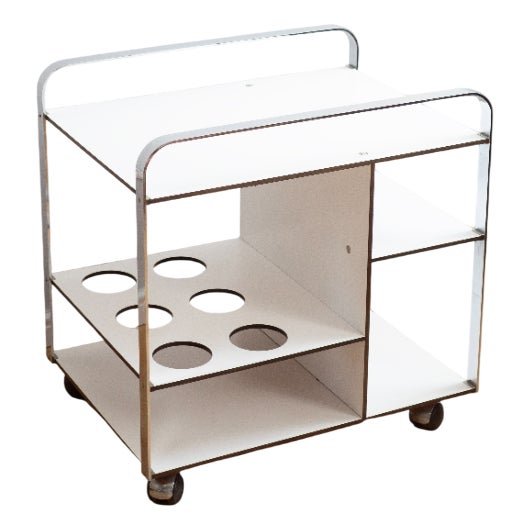 Postmodern Chrome Framed White Serving Cart on Wheels, 1980s For Sale