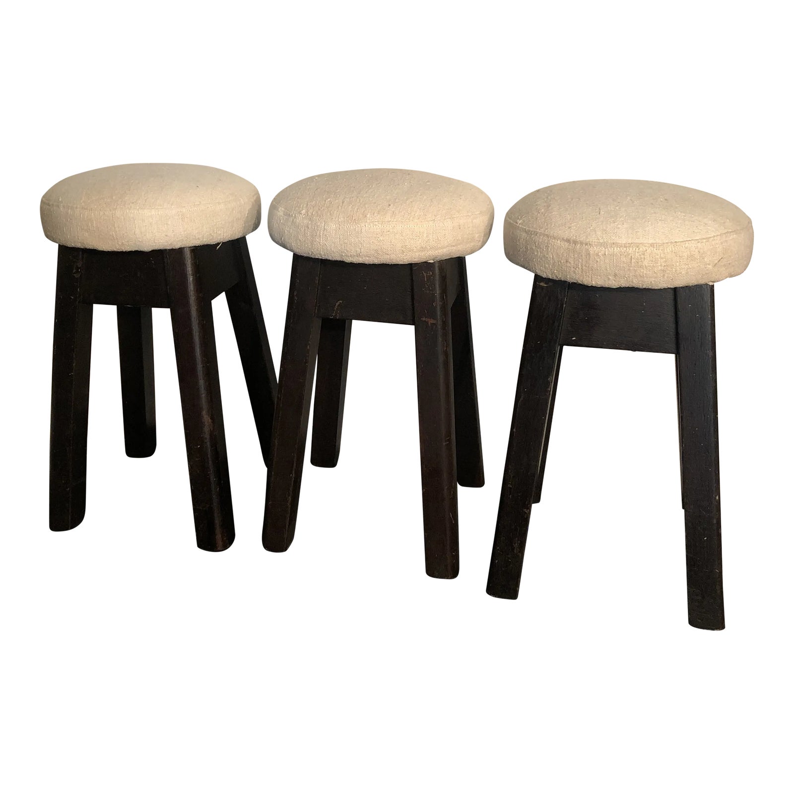 1930s English Pub Stools With Linen Upholstery - Set 3 | Chairish