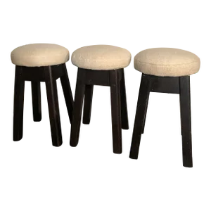 1930s English Pub Stools With Linen Upholstery - Set 3