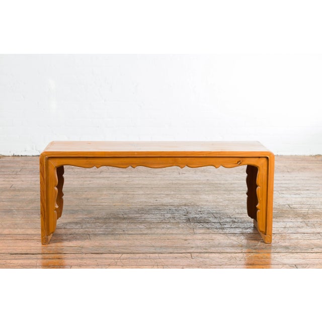 Mid 20th Century Chinese Vintage Elmwood Waterfall Coffee Table with Scalloped Apron For Sale - Image 5 of 13
