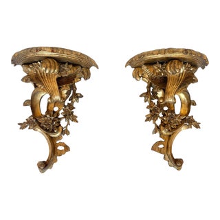 Mid 20th Century Large Vintage Carved Giltwood Italian Wall Brackets - a Pair For Sale