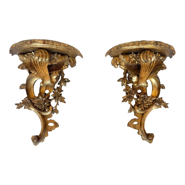 Mid 20th Century Large Vintage Carved Giltwood Italian Wall Brackets - a Pair For Sale