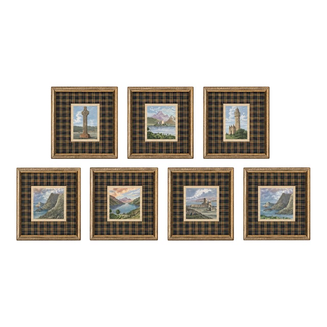 Late 19th Century Hand-Colored Scottish Highland Miniatures Custom Framed Watercolors Inspired by Historic Western Highland Views - Set of 7 For Sale