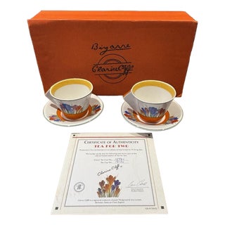 Crocus Pattern Tea Cups and Saucers by Clarice Cliff, Set of 4 For Sale