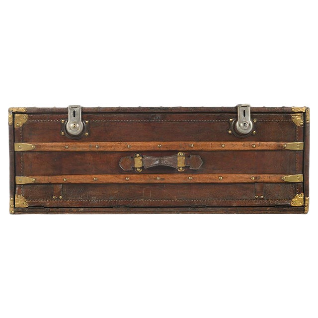 Vintage French Wood and Leather Trunk For Sale