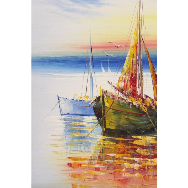 2000 - 2009 Original Signed Impressionist Oil Painting Sailboat Sunset in Black Rustic Frame For Sale - Image 5 of 10