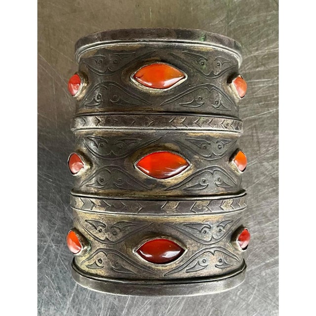Vintage Carnelian Gilt Silver Turkoman Cuff For Sale - Image 4 of 12