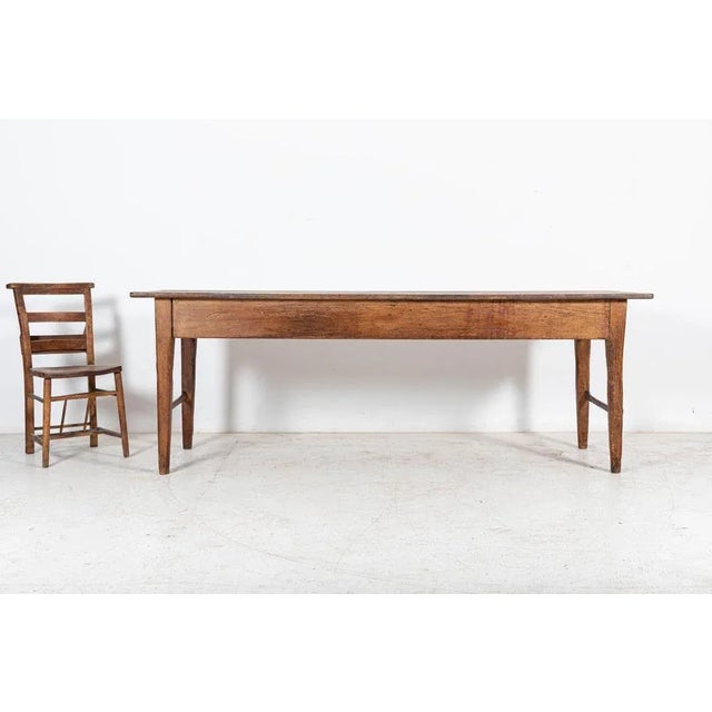 Antique Circa 1860 19thC Large English Vernacular 2 Plank Fruitwood Work Table with block tapered legs joined by time worn...