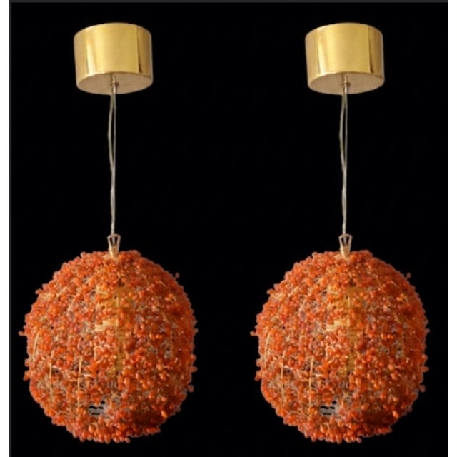 Vintage Orange Glass Beaded Large Round Orb Globe Chandelier Pendent Light Fixtures- A Pair For Sale - Image 12 of 13