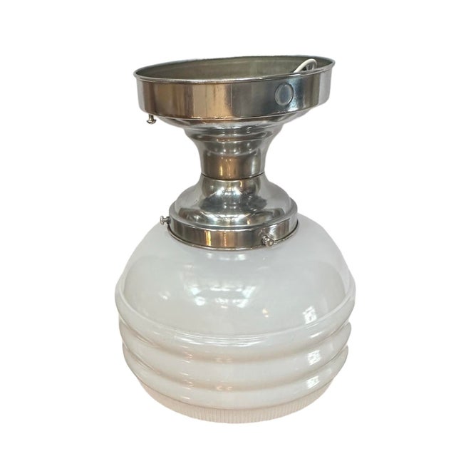 Mid-Century Modern Vintage Mid-Century White Milk Glass Ceiling Light With Original Chrome Patina For Sale - Image 3 of 5