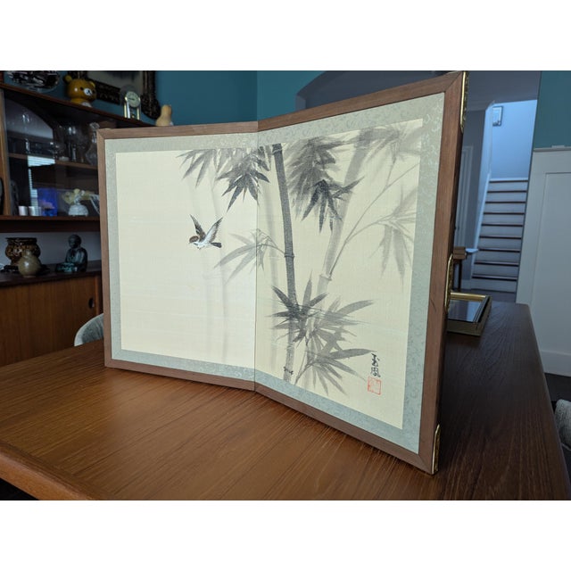 Japanese 1970s Vintage Japanese 2-Panel Desktop Byōbu Folding Screen Signed Gyokufu For Sale - Image 3 of 10