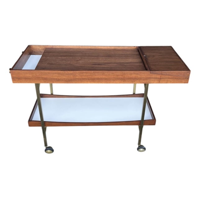 Mid-Century Modern Paul McCobb Style Mid-Century Walnut Bar Cart With Brass Accents For Sale - Image 3 of 14