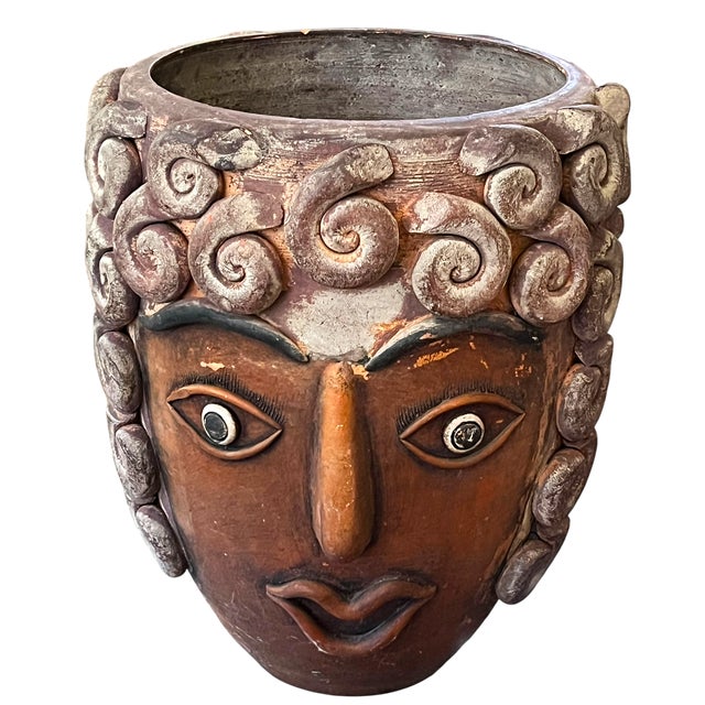 Rustic European 1960s Monumental Handcrafted Mexican Terra Cotta Janus Head Planter / Vessel With Spiral Relief Motif For Sale - Image 3 of 9