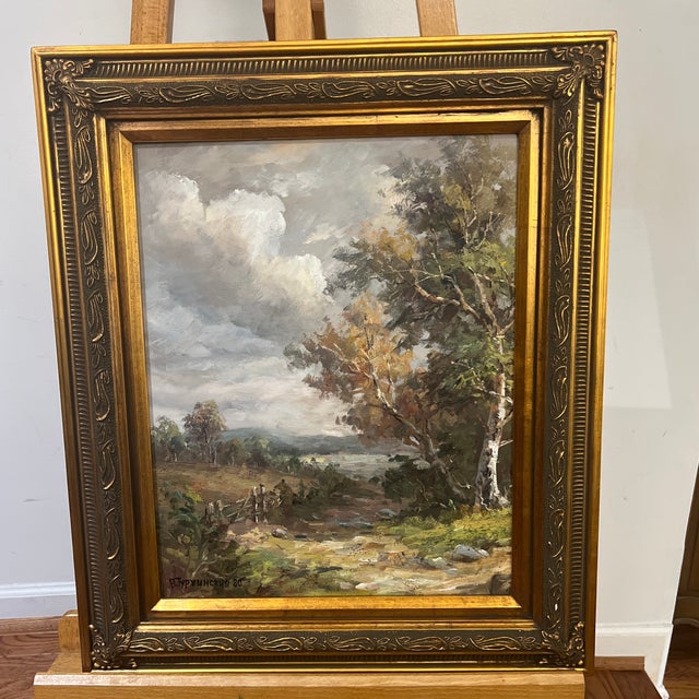European school oil on canvas board landscape signed framed