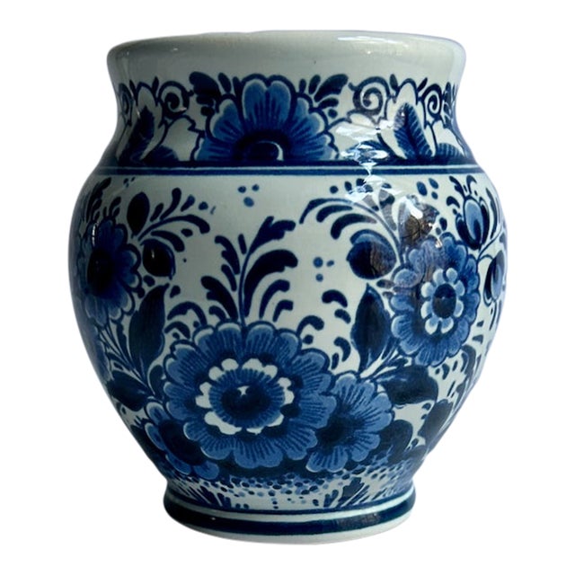 Delft Hand Painted Blue & White Floral Porcelain Vase, 1960's For Sale