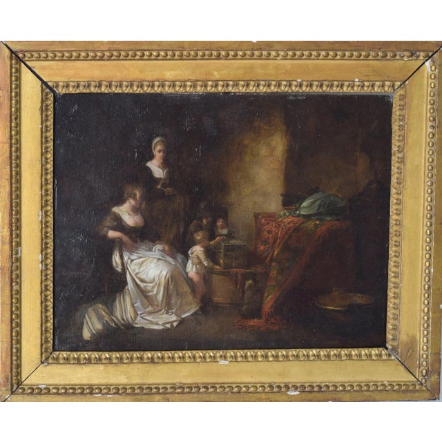 An exquisitely painted interior scene depicting children feeding a caged bird with their mother and a made. Painted in a...