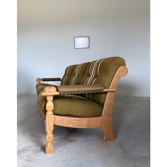 Scalloped Carved Turned Danish Oak Henning Kjærnulf Style Sofa Couch Olive Wool For Sale - Image 14 of 16
