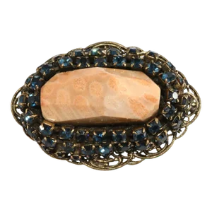 1990s Anton Heunis Brooch Spotted Jasper Stone Blue Rhinestones