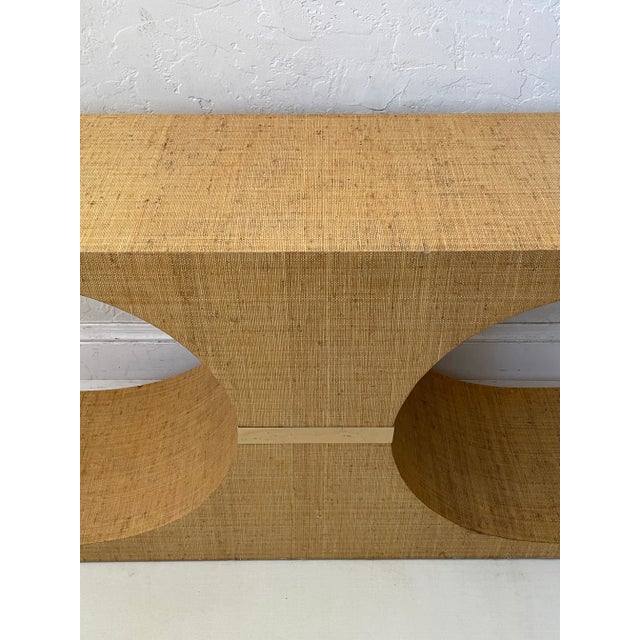 1970s 1970s Karl Springer Style Sculptural Grass Cloth Linen Brass Console Table For Sale - Image 5 of 9