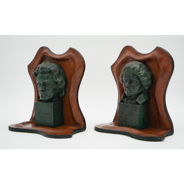 Mozart and Beethoven Leather Bookends with Patina, Set of 2 For Sale - Image 4 of 15