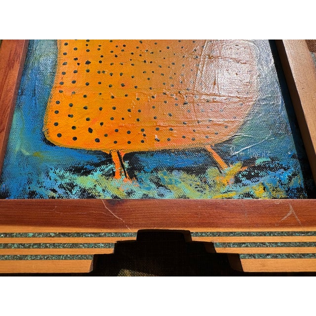 2025 Ruth Arenz Original Folk Chicken Painting in Vintage Frame For Sale In Houston - Image 6 of 10