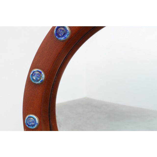 Mid-Century Modern Round Teak Mirror with Blue Ceramic Stud Decoration by Deknudt, 1960s, 1950s For Sale - Image 3 of 11