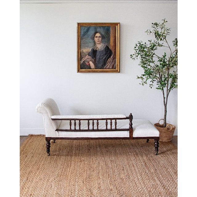 Late 19th Century Late 19th Century Edwardian Carved Oak Chaise Longue | Newly Reupholstered in Ivory Linen For Sale - Image 5 of 5