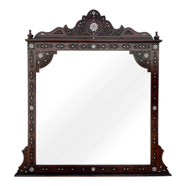 Moroccan Style Hand Carved With Mother of Pearl Inlaid Mirror For Sale