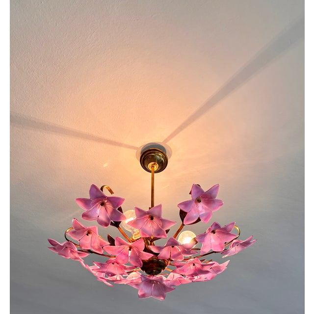 Pink 1980s Italian Style Pink Floral Crystal Flush Mount Chandelier, 3-Light For Sale - Image 8 of 17
