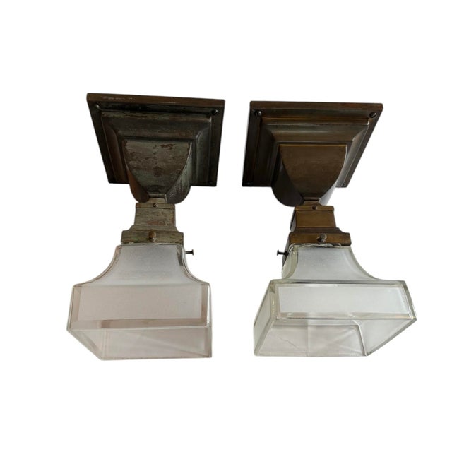 Brass Antique Mission Style Flush Mount Ceiling Lights - A Pair For Sale - Image 8 of 9