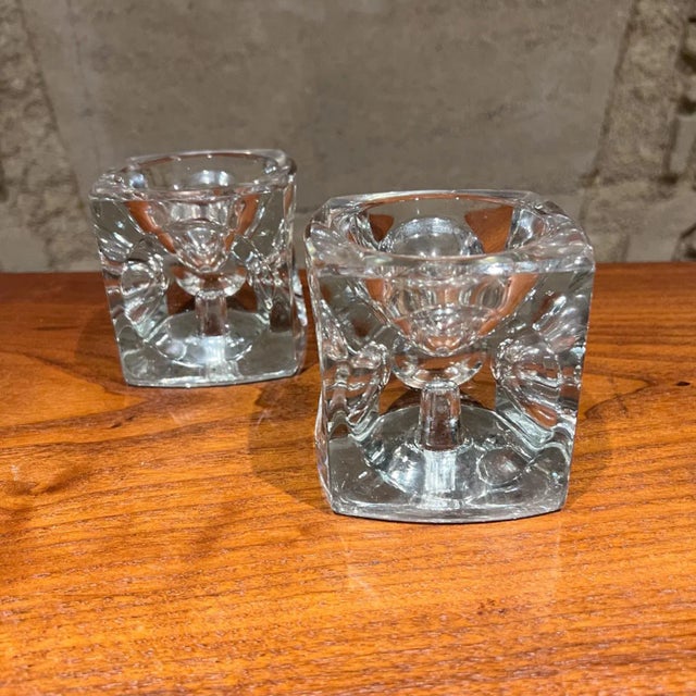 Mid-Century Modern 1960s Crystal Glass Modern Cube Candle Holder Pair For Sale - Image 3 of 10