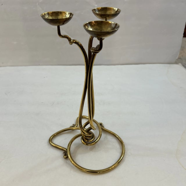 Brass Vintage Joe Spoon Hand Wrought Brass 3 Arm Candle Holder Signed and Dated 1995 For Sale - Image 8 of 12