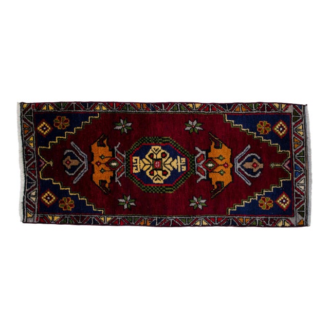 1970s Hand Knotted Turkish Small Rug Decorative Mat for Bathroom -Kitchen and Entryway- 18'' X 42'' For Sale