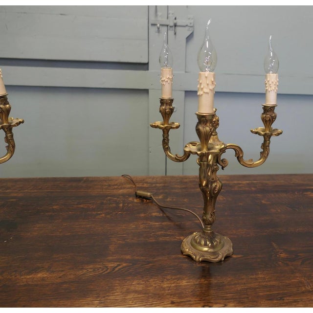 Gold Large Brass Three Branch Table Lamps Candelabra, 1930, Set of 2 For Sale - Image 8 of 9
